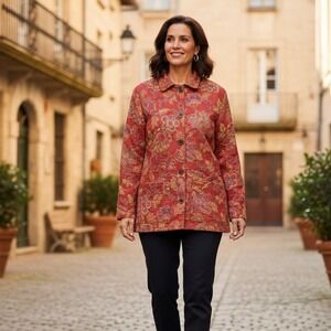 Vintage Diane L. Evans Jacket Women's Sz XS Red Floral Button Front Grandma Boho